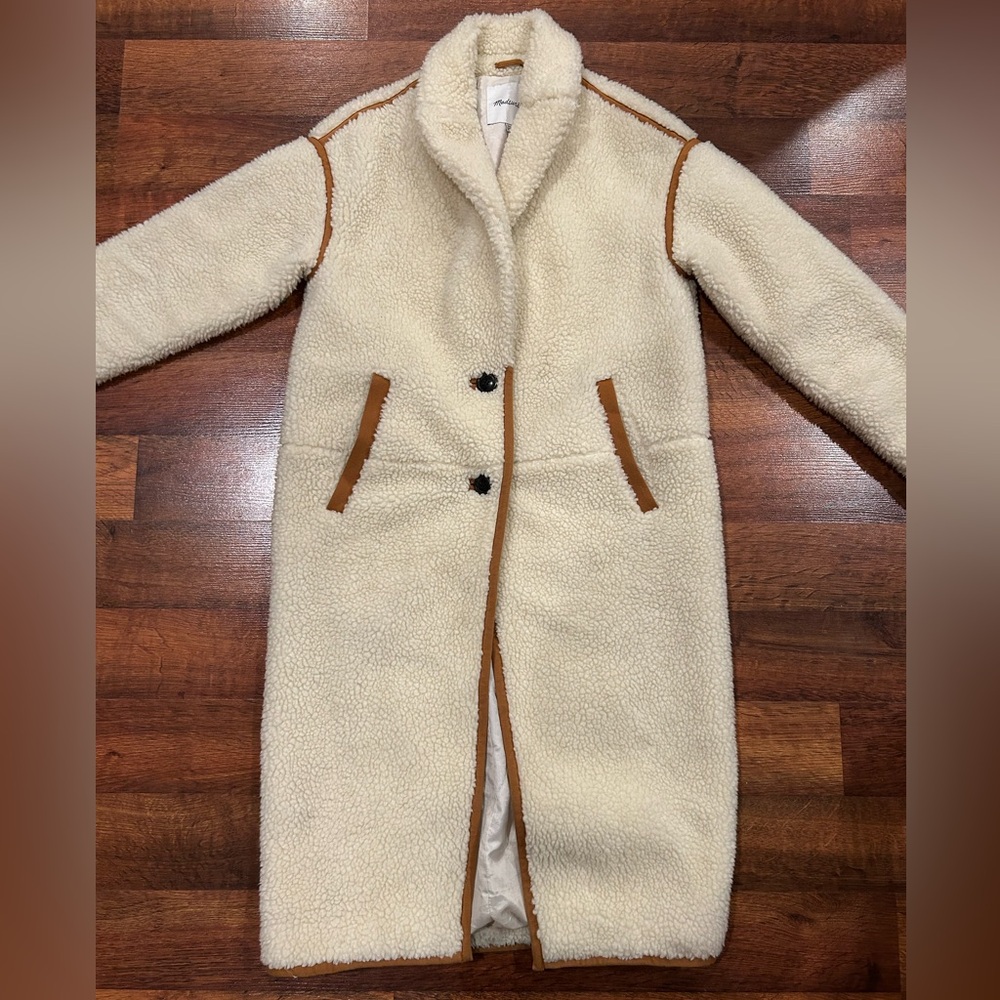Madewell Sherpa McClancy Coat Ivory with Brown Faux-Leather Trim Women’s XXS